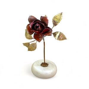 Vintage Single Rose Stem Painted Brass Copper Brutalist Metal Art Marble Base